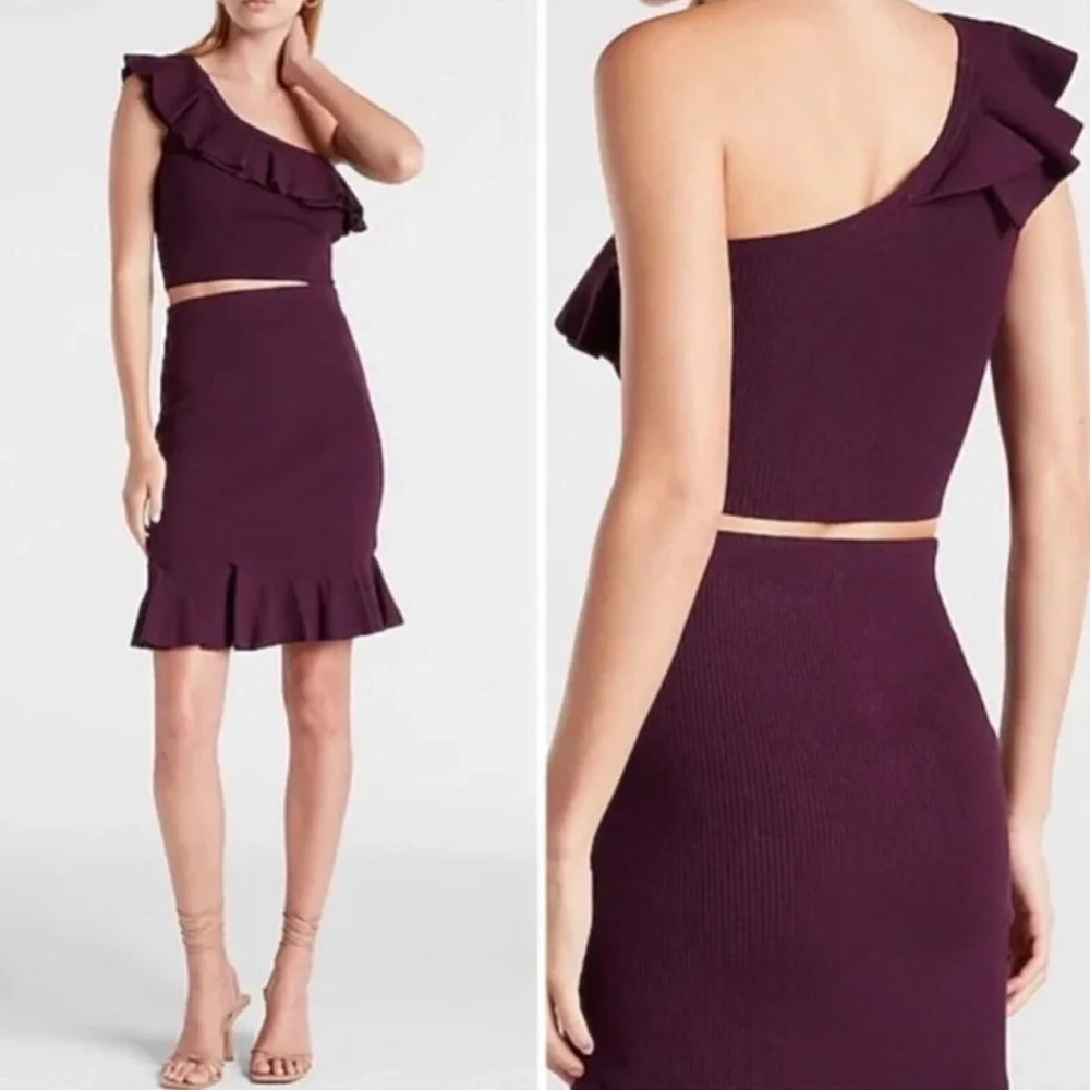 Express Body Contour Plum Ribbed Set of Crop One Shoulder Top and Ruffle Skirt
